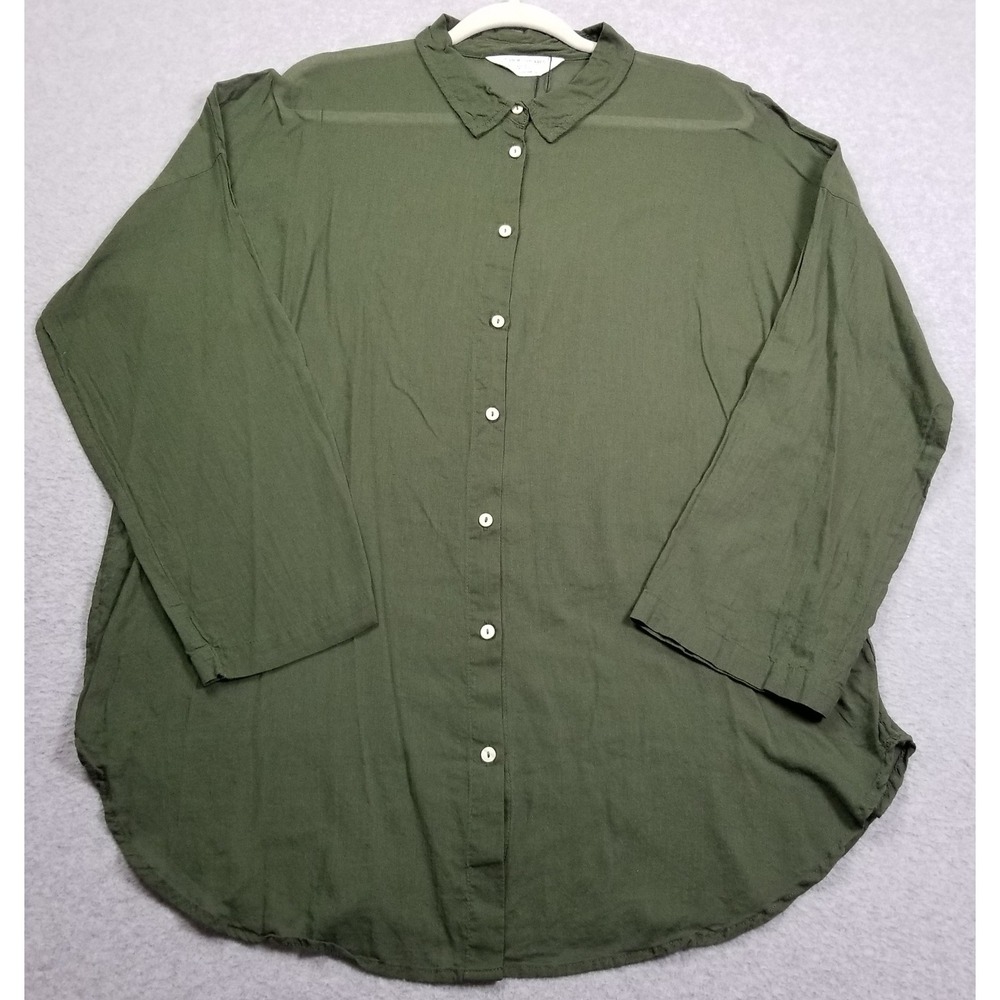 Primark Button Up Shirt Women's Small S Green Long Sleeve Cotton Tunic Top Sheer